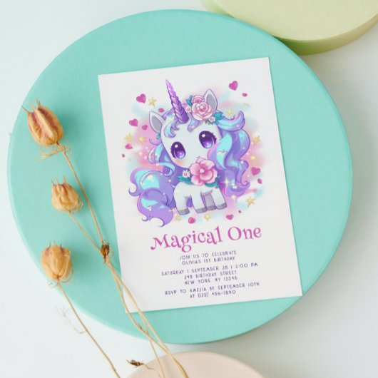 Cute Magical One Modern Unicorn First Birthday Kaart