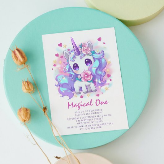 Cute Magical One Modern Unicorn First Birthday Kaart