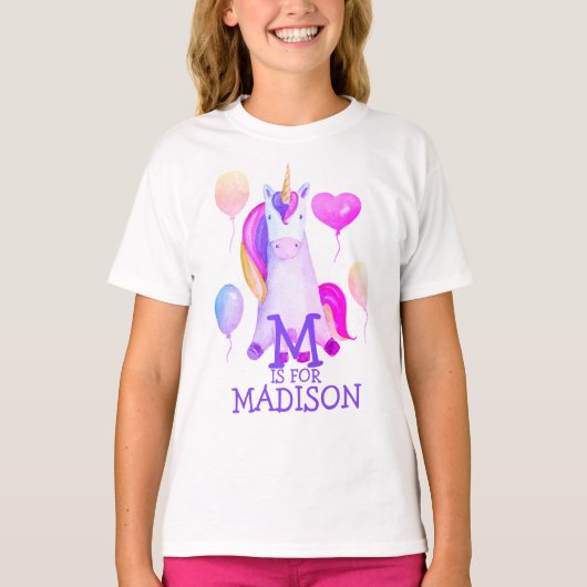 Cute Magical Pink Waterverf Unicorn Name & Letter T-shirt (Voorkant)