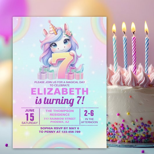 Cute Magical Unicorn 7th Birthday – Rainbow  Kaart