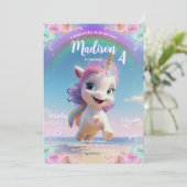 Cute Magical Unicorn Birthday Invitation Kaart (Staand voorkant)