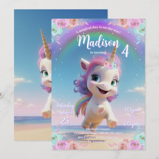 Cute Magical Unicorn Birthday Invitation Kaart (Voorkant / Achterkant)