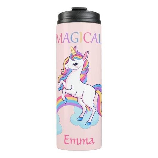 Cute Magical Unicorn en Regenboogroze Thermosbeker (Voorkant)