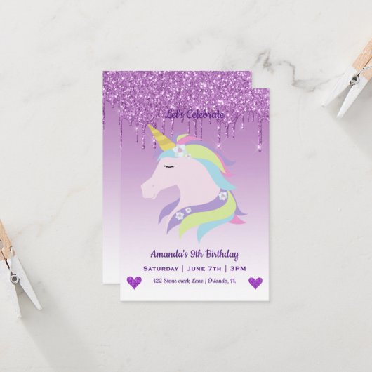 Cute Magical Unicorn & Hearts Birthday Kaart (Voorkant / Achterkant in situ)