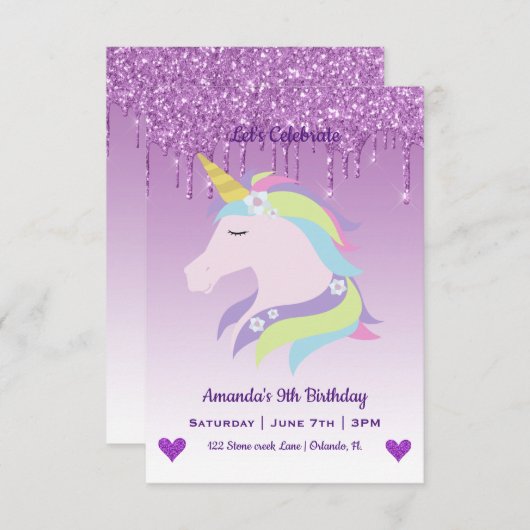 Cute Magical Unicorn & Hearts Birthday Kaart (Voorkant / Achterkant)