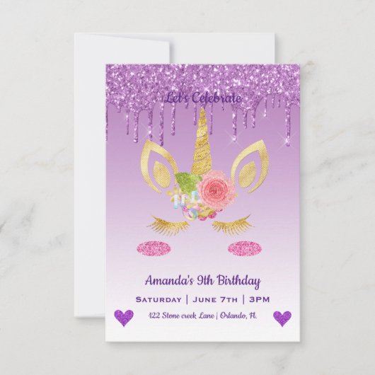 Cute Magical Unicorn & Hearts Birthday Kaart (Voorkant)