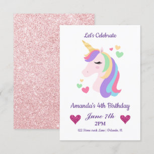 Cute Magical Unicorn & Hearts Birthday Kaart