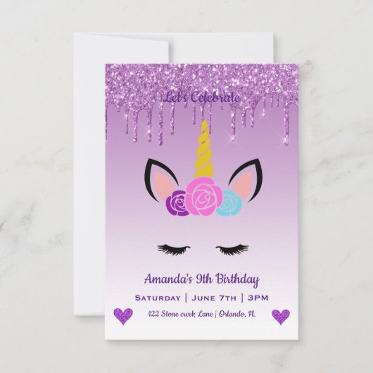 Cute Magical Unicorn & Hearts Birthday Kaart (Voorkant)