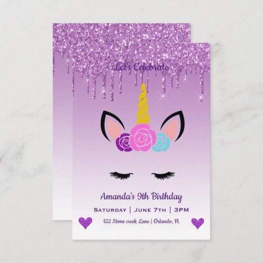 Cute Magical Unicorn & Hearts Birthday Kaart (Voorkant / Achterkant)