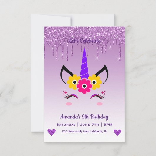 Cute Magical Unicorn & Hearts Birthday Kaart (Voorkant)
