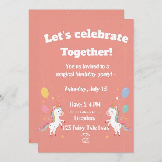 Cute Magical Unicorn Invite Kaart (Voorkant / Achterkant)