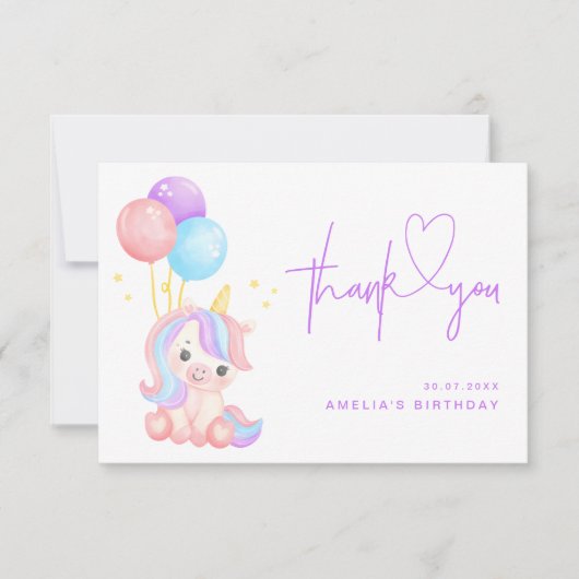 Cute Magical Unicorn Purple Girls Birthday Bedankkaart (Voorkant)