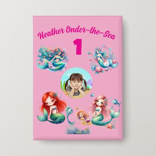Cute Magical Zeemeermin Onder-de-Zee 1e Verjaardag Button (Voorkant)