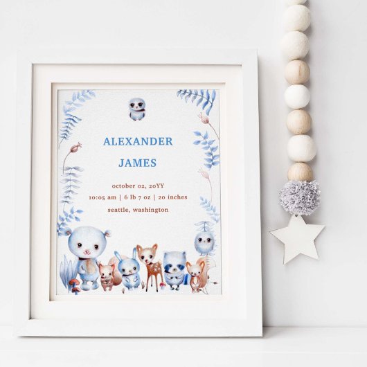 Cute Magische Bosdieren Geboorte Stats Jongen Baby Poster