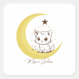 Cute Magische Kat op Maan Ster Droom - Ronde Stick Vierkante Sticker