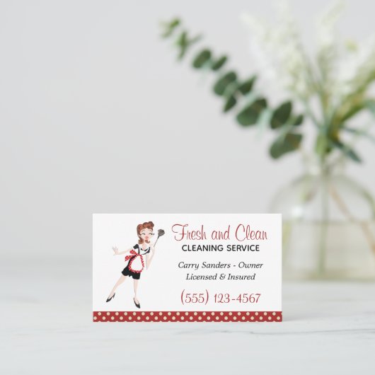 Cute Maid House Cleaning Service Visitekaartje (Staand voorkant)