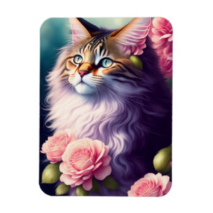 Cute Maine Coon Cat Face & Flower Magneet