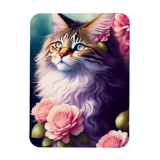 Cute Maine Coon Cat Face & Flower Magneet (Verticaal)