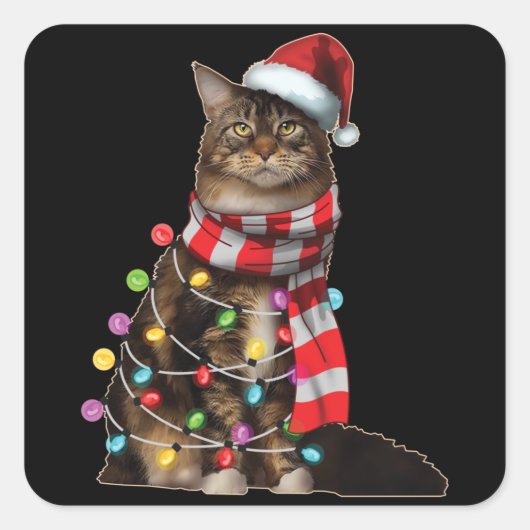 Cute Maine Coon Cat Funny Xmas Holiday Gift Vierkante Sticker (Voorkant)