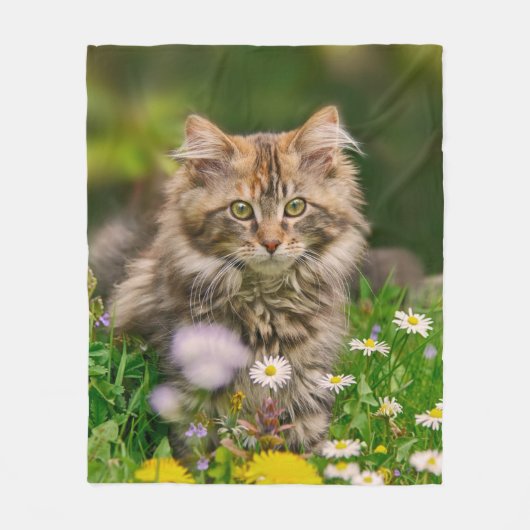 Cute Maine Coon Kitten Cat in Flower Meadow - Cozy Fleece Deken (Voorkant)