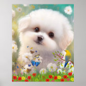 Cute Maltese witte puppy hond in bloementuin kunst Poster (Voorkant)