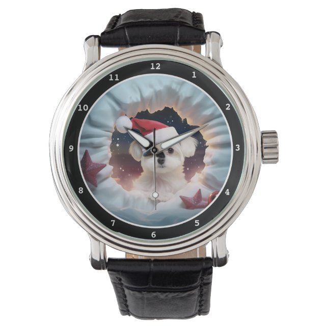 Cute Maltezer Puppy Kerst Scene Afbeelding Horloge (Voorkant)