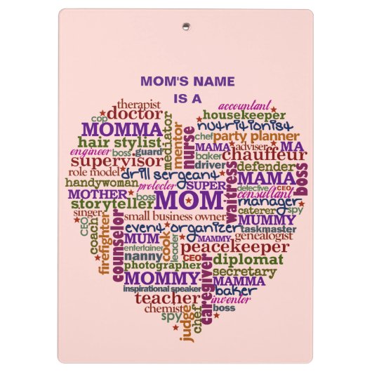 Cute Mam Moederdag Word Art Heart, gepersonaliseer Klembord (Achterkant)
