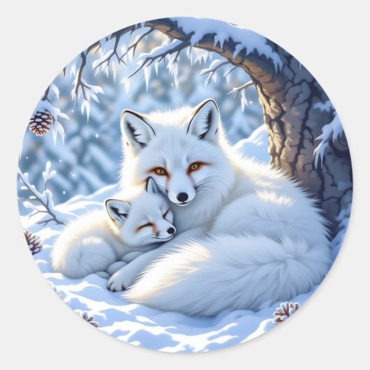 Cute Mama and Baby White Foxes in the Snow Ronde Sticker (Voorkant)