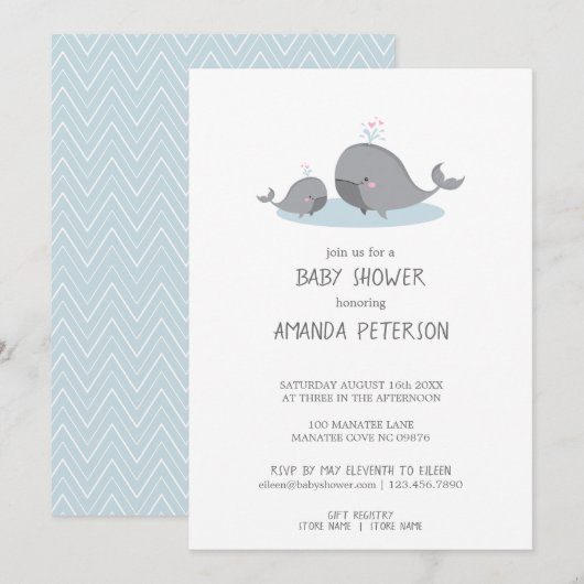 Cute Mama & Baby Whales Blue Chevron Baby shower Kaart (Voorkant / Achterkant)