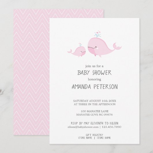 Cute Mama & Baby Whales Pink Chevron Baby shower Kaart (Voorkant / Achterkant)