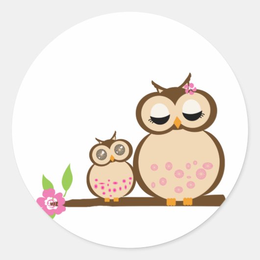 Cute mama en baby owl ronde sticker (Voorkant)