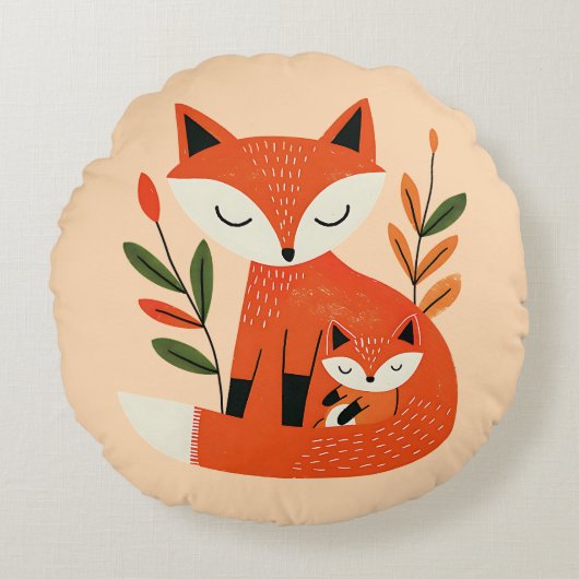 Cute Mama Fox& Baby Cub Whimsical Woodland Nursery Rond Kussen (Voorkant)