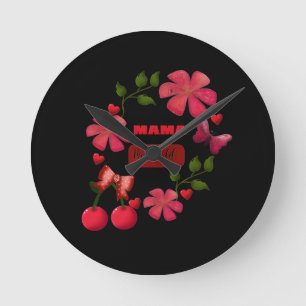 Cute Mama Mijn Wereld Bloemig Kersen Hart Ontwerp Ronde Klok