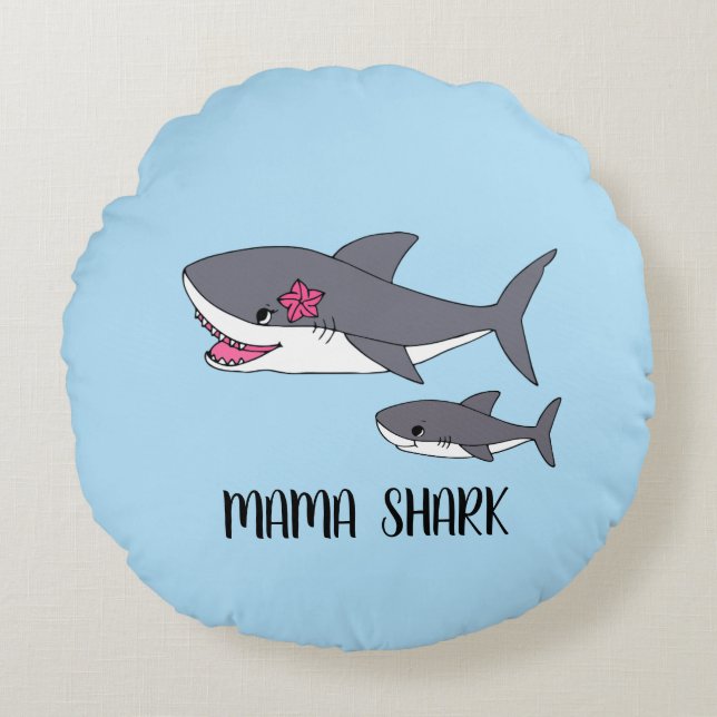 Cute Mama Shark en Baby Shark Rond Kussen (Voorkant)