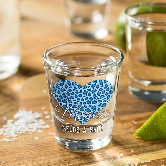 Cute Mama Word Art over Blue Leopard Patterned Hea Shot Glas