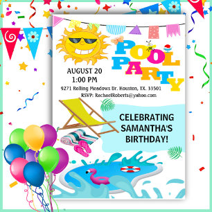 Cute Man in the Sun Birthday Pool Party Invitation Kaart