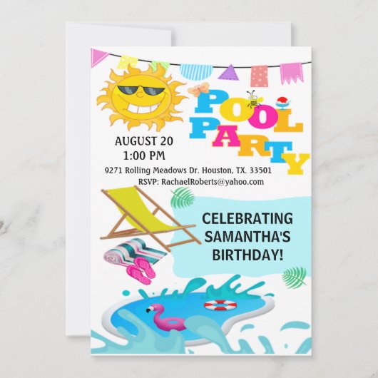 Cute Man in the Sun Birthday Pool Party Invitation Kaart (Voorkant)