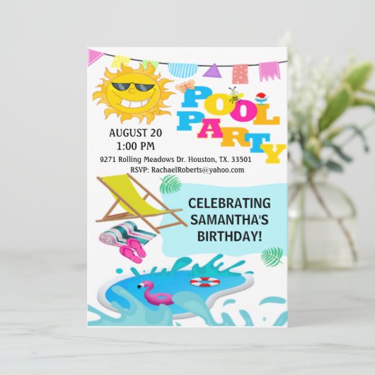 Cute Man in the Sun Birthday Pool Party Invitation Kaart (Staand voorkant)