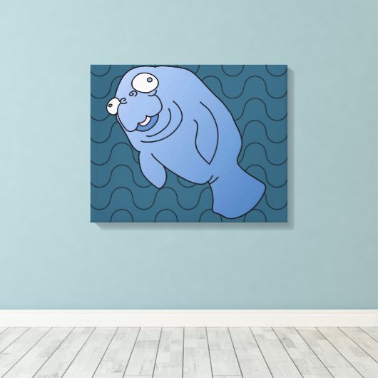 Cute Manatee Hugger Cartoon Animal Canvas Afdruk (Insitu (Houten vloer))