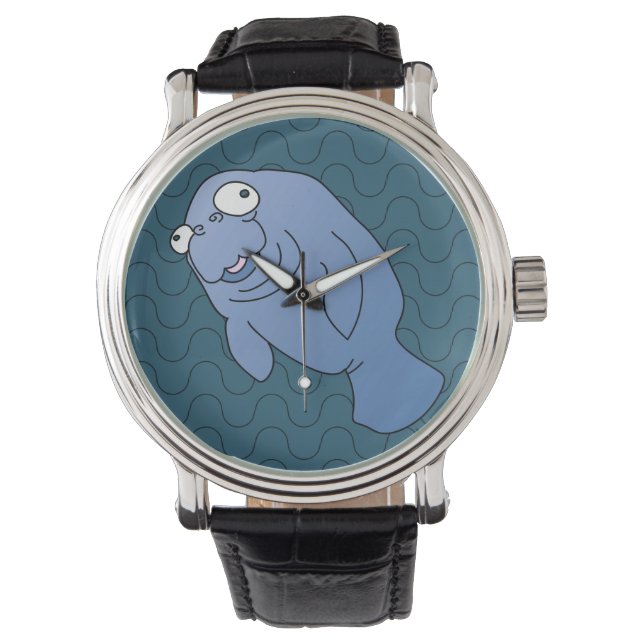 Cute Manatee Hugger Cartoon Animal Horloge (Voorkant)