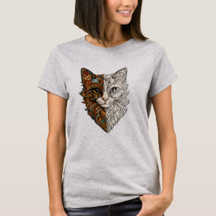 Cute Mandala Artistieke Bloemige Kattengezicht T-S T-shirt