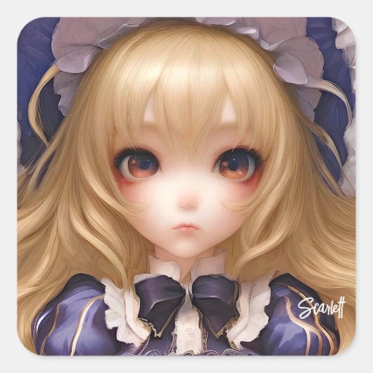 Cute Manga Anime Girl Japans in blauw Vierkante Sticker (Voorkant)