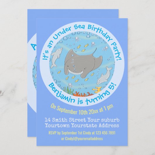 Cute manta ray and dolphins cartoon kaart (Voorkant / Achterkant)