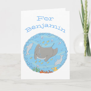 Cute manta ray and dolphins cartoon kaart
