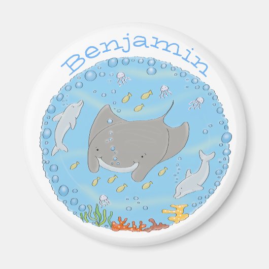 Cute manta ray and dolphins cartoon magneet (Voorkant)