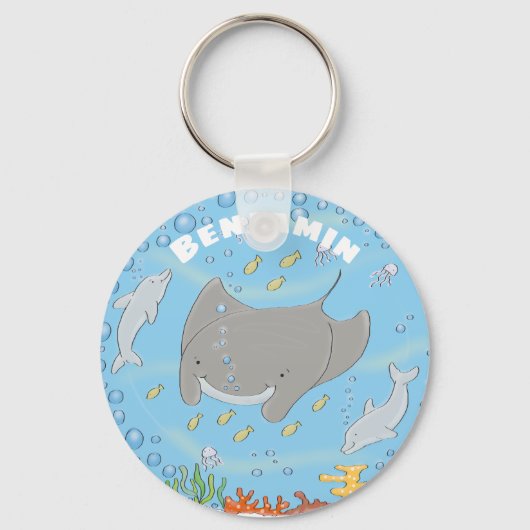 Cute manta ray and dolphins cartoon sleutelhanger (Voorkant)