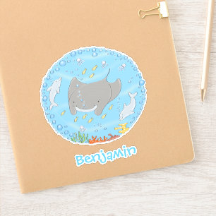 Cute manta ray and dolphins cartoon sticker