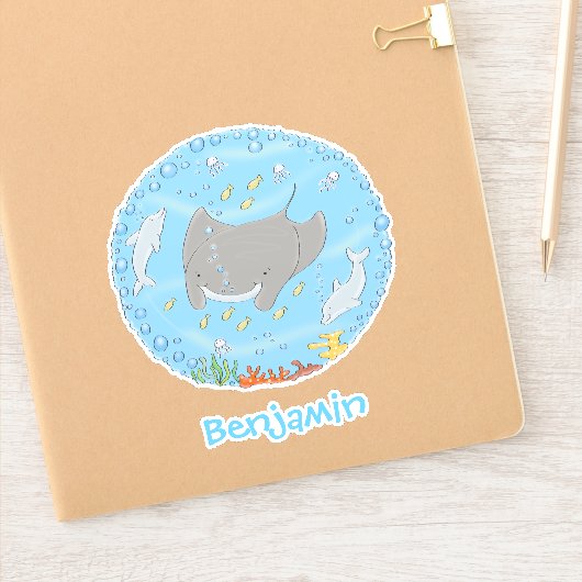 Cute manta ray and dolphins cartoon sticker (Notitieboek)