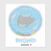 Cute manta ray and dolphins cartoon sticker (Vel)
