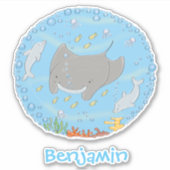 Cute manta ray and dolphins cartoon sticker (Voorkant)